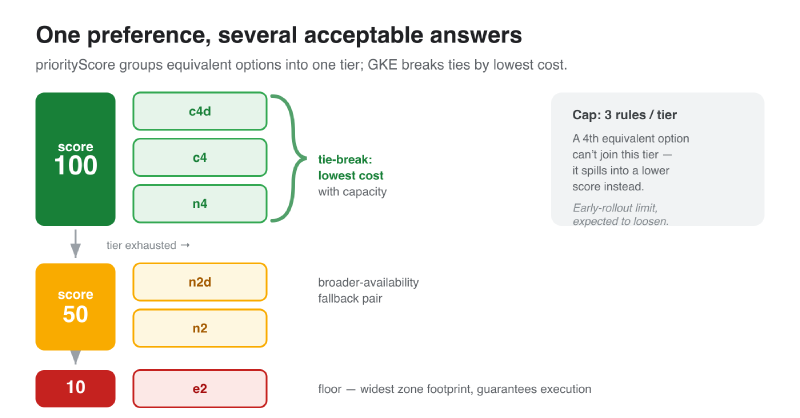 Tiered priorityScore structure: a tied top tier of three families broken by cost, a fallback tier, and a guaranteed floor